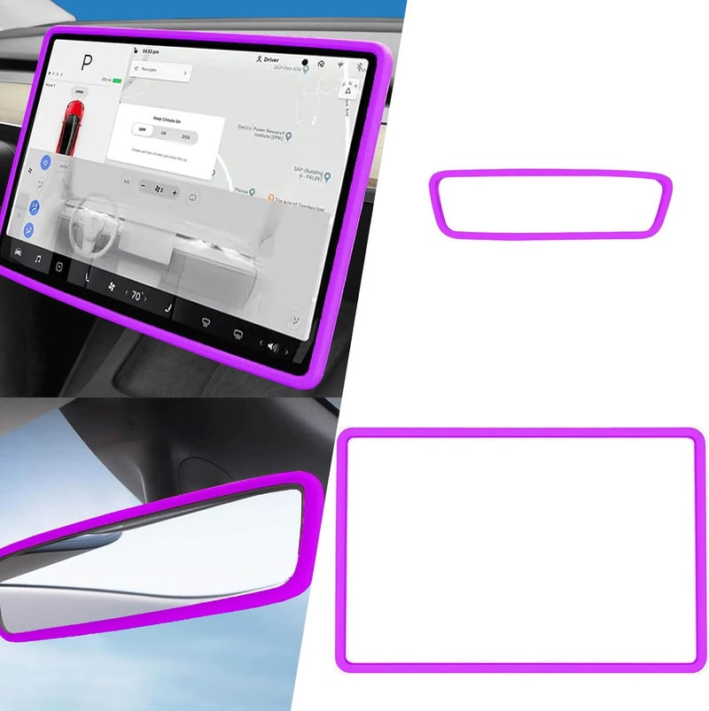 Yeapop 2Pcs Silicone Protector Frames of Screen and Rear View Mirror for Tesla Model 3 2017-2023 and Model Y 2019-Feb.2025. (Purple) - Image 1